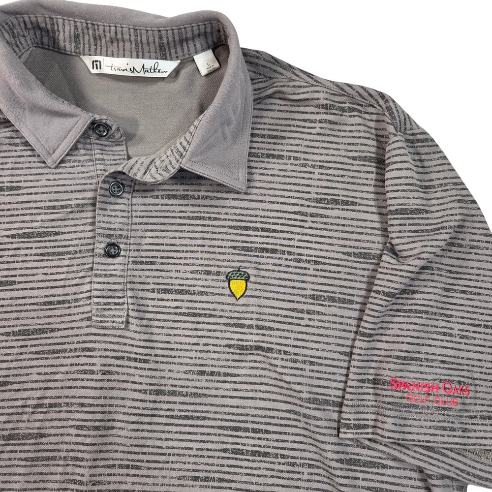 TravisMathew Polo Shirt Mens Large Grey Striped Spanish Oaks Golf Club Acorn